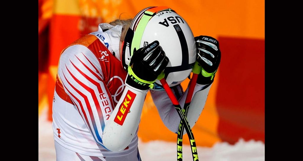 United States&#039 Lindsey Vonn reacts in the finish area after competing in the women's super-G at the 2018 Winter Olympics in Jeongseon South Korea Saturday Feb. 17 2018