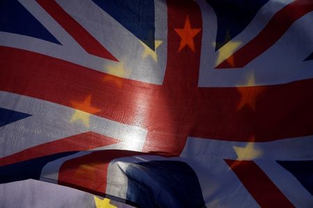 Anti-Brexit demonstrators wave EU and Union flags outside the Houses of Parliament in London