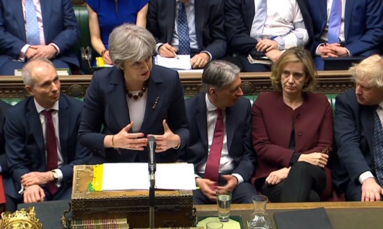 Britain’s Prime Minister Theresa May speaks during the scheduled Prime Minister’s Questions in the House of Commons London on Wednesday