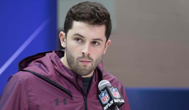 Mar 2 2018 Indianapolis IN USA Oklahoma Sooners quarterback Baker Mayfield speaks to the media during the 2018 NFL Combine at the Indianapolis Convention Center