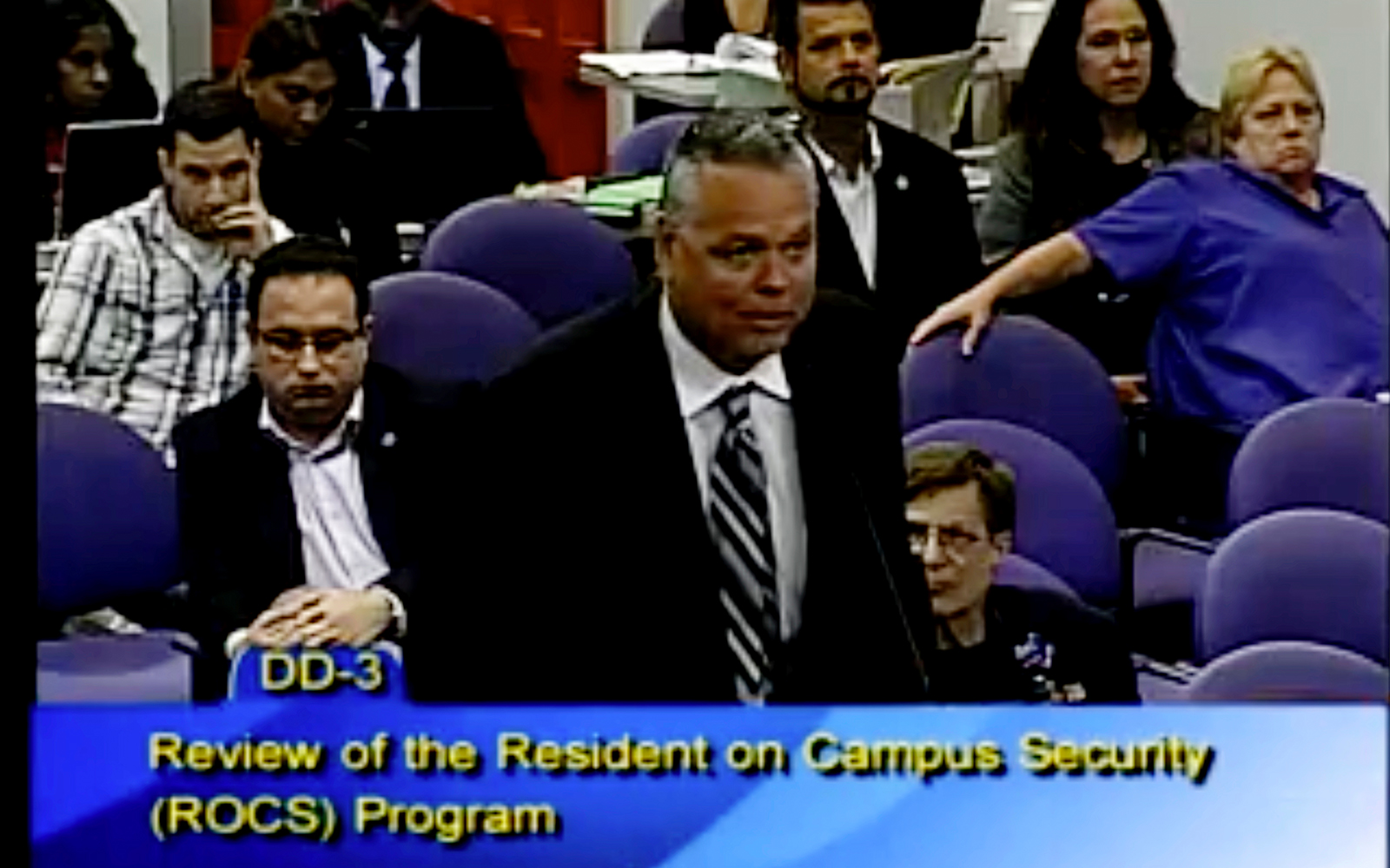 This Feb. 18 2015 image taken from video provided by Broward County Public Schools shows school resource officer Scot Peterson during a school board meeting of Broward County Fla