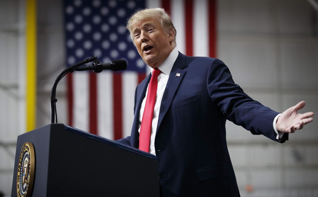 U.S. President Donald Trump speaks at a campaign rally at Atlantic Aviation in Moon Township Pa. Saturday