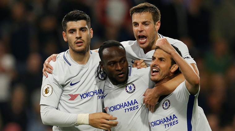 Chelsea’s Victor Moses celebrates scoring their second goal with Pedro Alvaro Morata and Cesar Azpilicueta