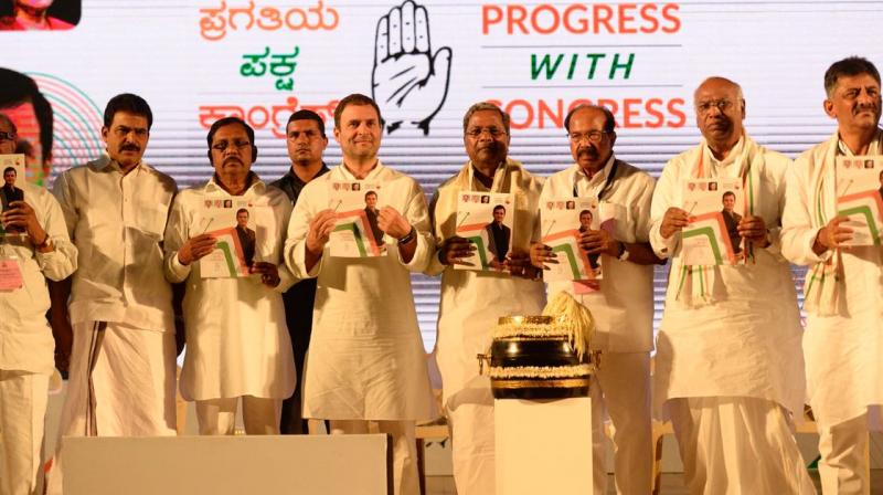 Rahul Gandhi on Friday released the 'Nava Karnataka&#039 Manifesto in Mangaluru in the presence of Chief Minister Siddaramaiah Karnataka Pradesh Congress Committee President Dr G Parameshwara MP Dr M Veerappa Moily and other senior leaders. (Ph