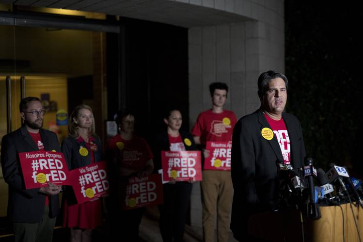 Joe Thomas president of the Arizona Education Association announces plans for future protests and calls to action at a press conference