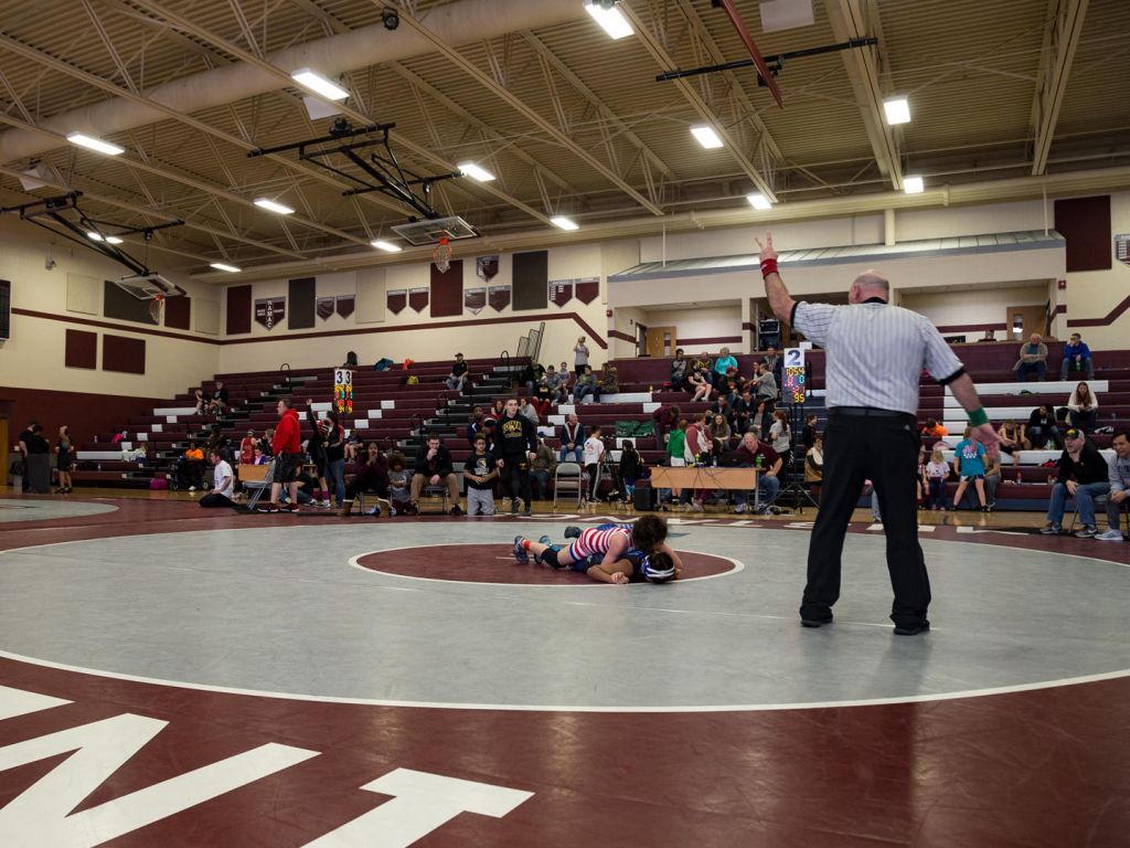 Two wrestlers compete at Iowa's only standalone wrestling tournament for girls Pre-K through 12th grade at the Independence High School in Independence Iowa on March 4