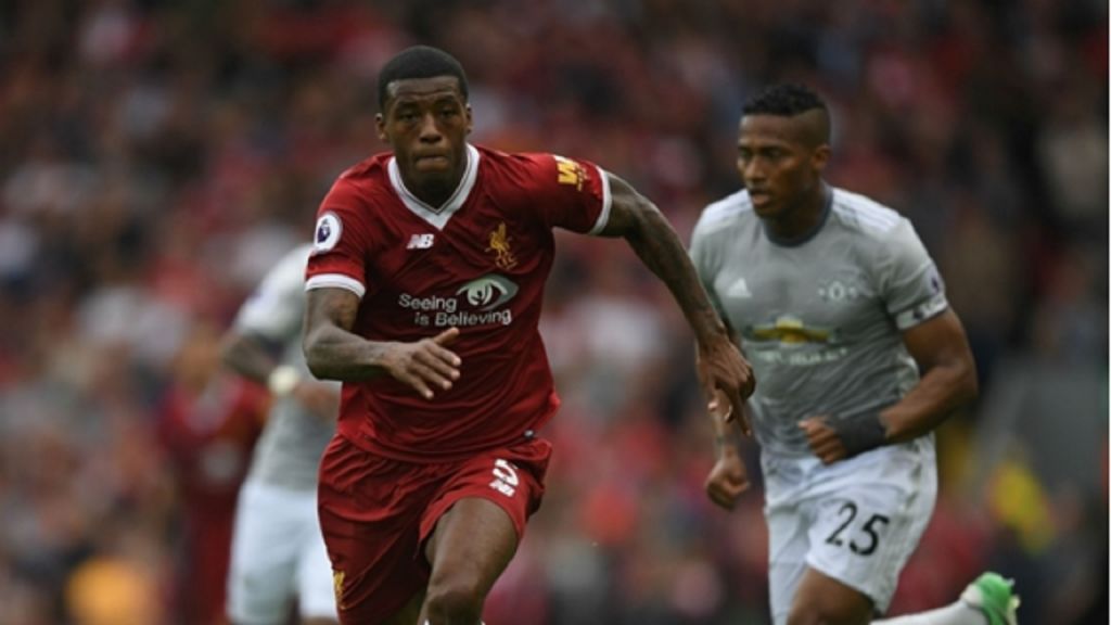 Georginio Wijnaldum in action against Manchester United