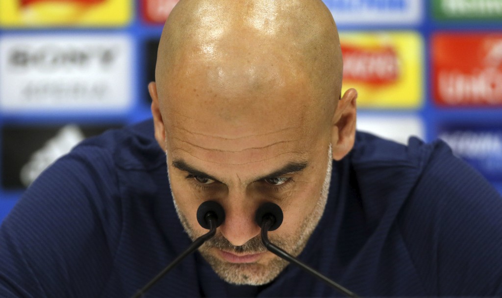 Manchester City manager Pep Guardiola looks on during a press conference at Anfield Liverpool England Tuesday