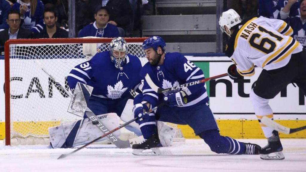 Leafs goalie Frederik Andersen stops Rick Nash of the Bruins with help from defenceman Roman Polak in Game 6 of their opening-round playoff series. Game 7 goes Wednesday night