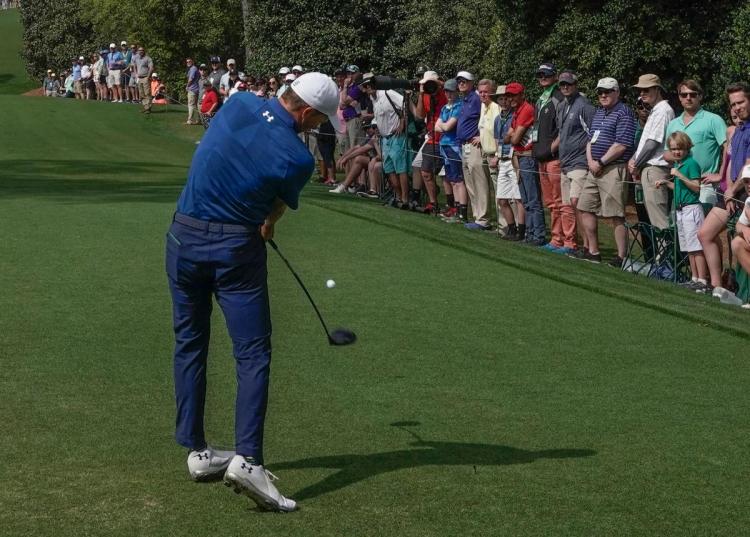 Jordan Spieth hits a drive on the 18th hole during the second round for the Masters golf tournament Friday