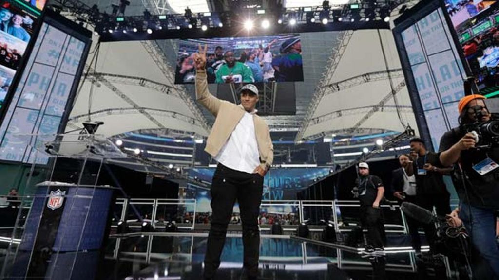 Australian rugby player Jordan Mailata appears onstage after being selected by the Philadelphia Eagles in the 7th round of the NFL Draft Saturday