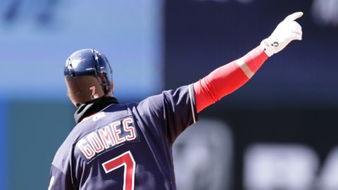 Cleveland Indians&#039 Yan Gomes runs the bases after hitting a two-run home run in the ninth inning of a baseball game against the Kansas City Royals Sunday