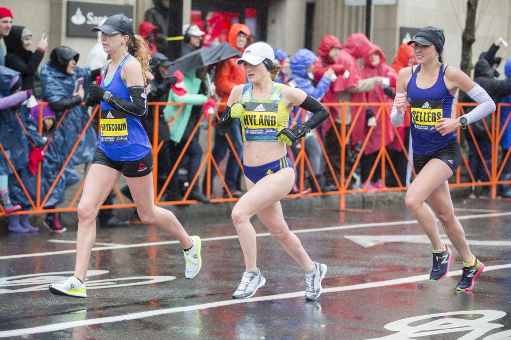 Sarah Sellers — seen at Mile 24 — finished the 2018 Boston Marathon in second place at 2:44:04