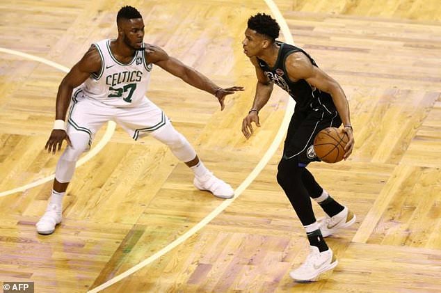 Semi Ojeleye of the Boston Celtics defends Giannis Antetokounmpo of the Milwaukee Bucks as Boston took a 3-2 series lead with a 92-87 win