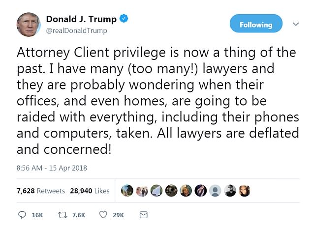 President Donald Trump said Sunday that all lawyers are now'deflated and concerned by the FBI raid on his personal attorney Michael Cohen's home and office