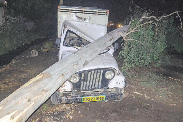 A vehicle damaged by Wednesday’s thunderstorm in Bareilly. Uttar Pradesh and Rajasthan were the worst-affected states and reported the highest number of casualties