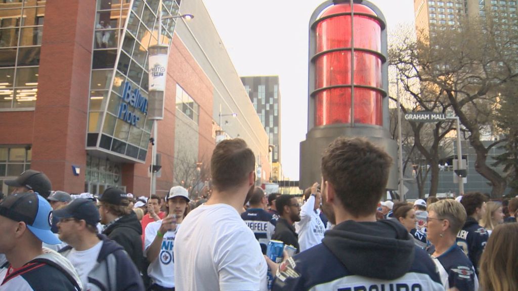 Winnipeg Jets fans gather outside Bell-MTS Place ahead of Game 4 against the Nasvhille Predators