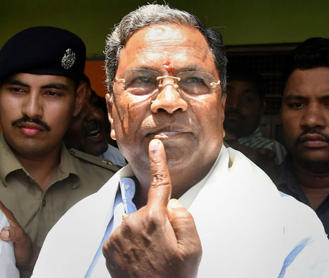 Karnataka Chief Minister Siddaramaiah after voting in the Karnataka Assembly elections 2018 at Hundi village in Mysore on Saturday. PTI