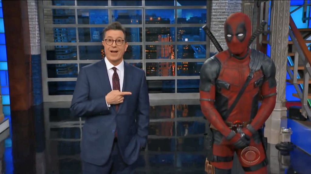 Deadpool gatecrashes Stephen Colbert's monologue to hit out at Trump