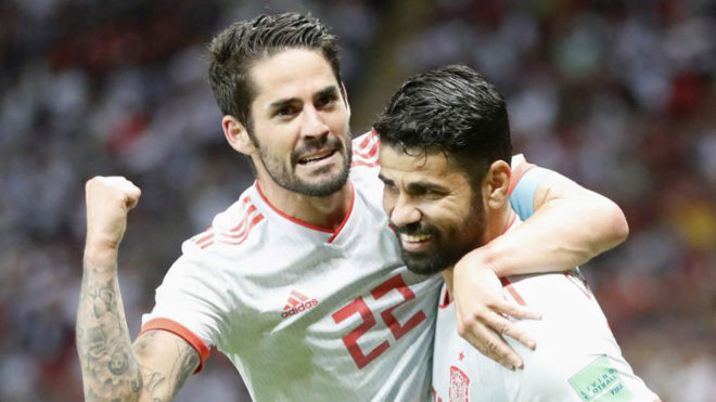 Diego Costa celebrates with Isco after scoring the opening goal during