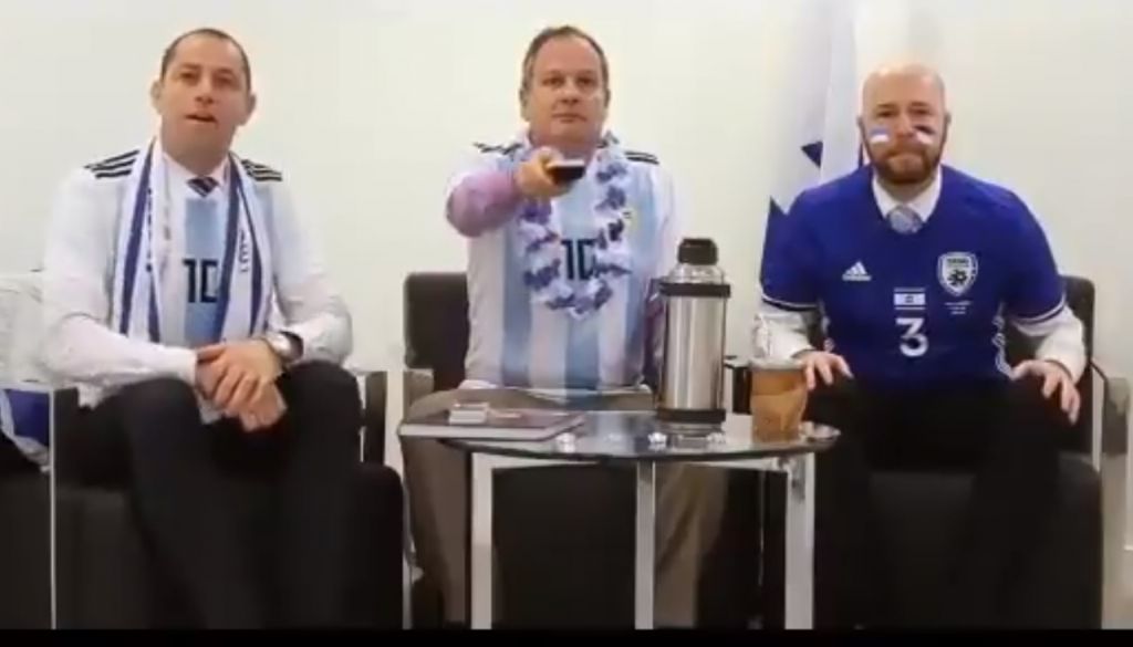 Israeli ambassador to Argentina Ilan Sztulman  and friends get ready to root for Lionel Messi's team in a humorous video clip made for the World Cup opening