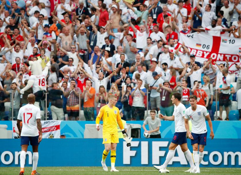 Players of England celebrate with their supporters after winning the FIFA World Cup 2018 group G preliminary round soccer match between England and Panama in Nizhny Novgorod Russia yesterday