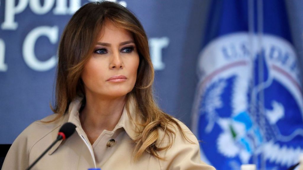 First lady Melania Trump appeared with President Donald Trump at a public event for the first time in almost a month