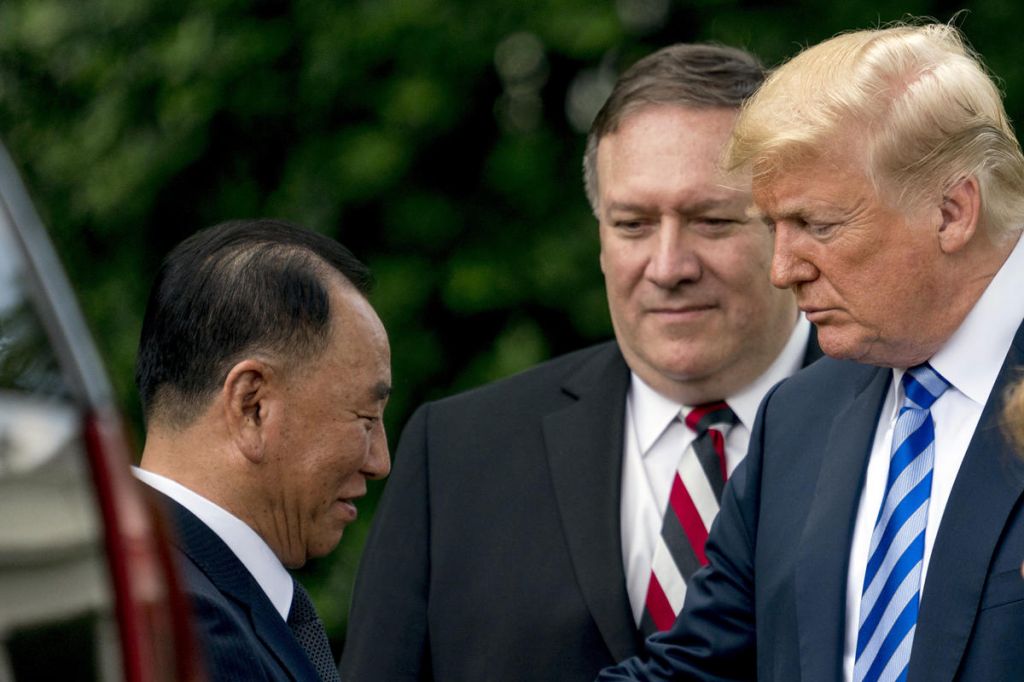 President Donald Trump shakes hands with Kim Yong Chol former North Korean military intelligence chief and one of leader Kim Jong Un's closest aides as Secretary of State Mike Pompeo watches upon departure after their meeting in the Oval Office