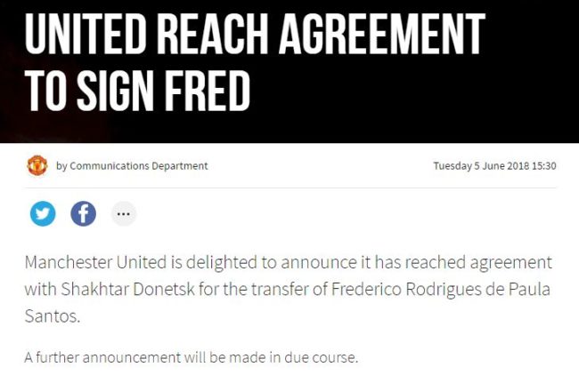 Man Utd announce transfer deal to sign Brazil midfielder Fred