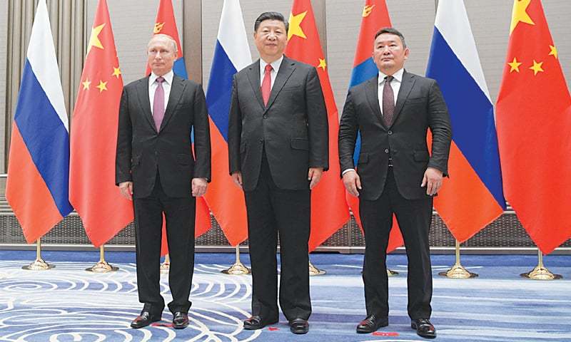 Qingdao Russian President Vladimir Putin Chinese President Xi Jinping and Mongolian President Khaltmaagiin Battulga at the Shanghai Cooperation Organisation Summit on Saturday.—Reuters