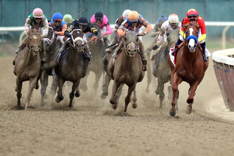 Justify #1 right ridden by jockey Mike Smith leads the field around the 4th turn during the 150th running of the Belmont Stakes at Belmont Park in Elmont New York