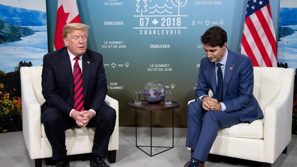 Canada's prime minister Justin Trudeau meets with US President Donald Trump during the G7 Summit in the Charlevoix town of La Malbaie Quebec Canada