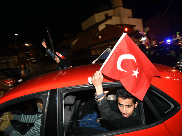 Turkish nationals supporters of president Recep Tayyip Erdogan currently residing in Bosnia and Herzegovina cheer in downtown Sarajevo late