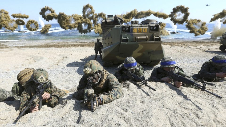 US and South Korean marines land on a beach during a joint military exercise at Pohang in 2016