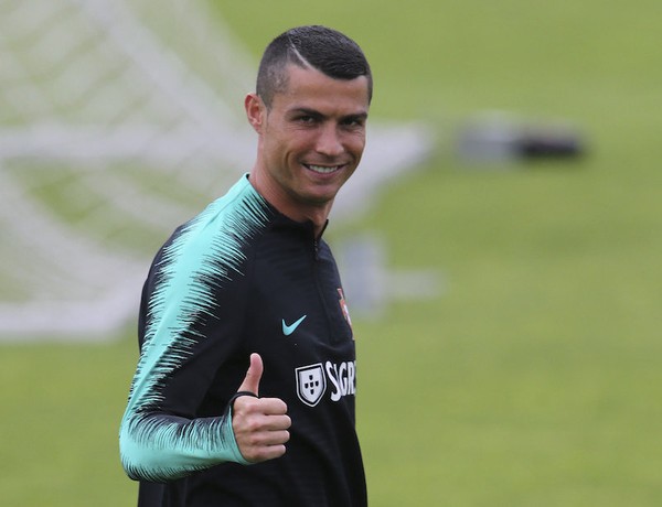 Portugal's Cristiano Ronaldo gestures during a team training session for the World Cup in Oeiras outside Lisbon Monday