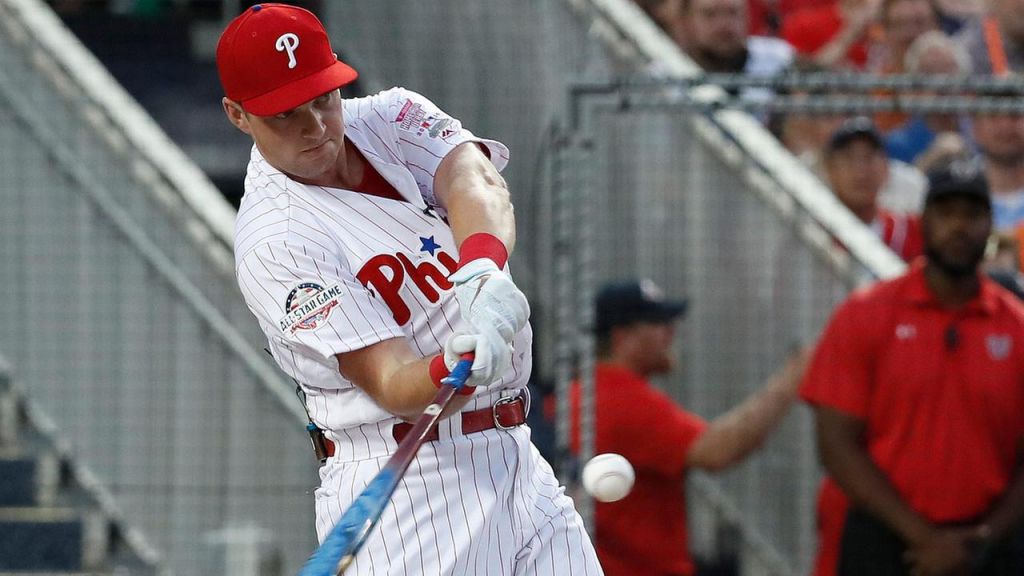 Philadelphia Phillies Rhys Hoskins hits during the MLB Home Run Derby at Nationals Park Monday