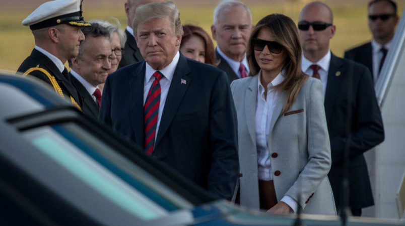 HELSINKI FINLAND- JULY 15 U.S. President Donald Trump and First Lady Melania Trump arrive aboard Air Force One at Helsinki International Airport