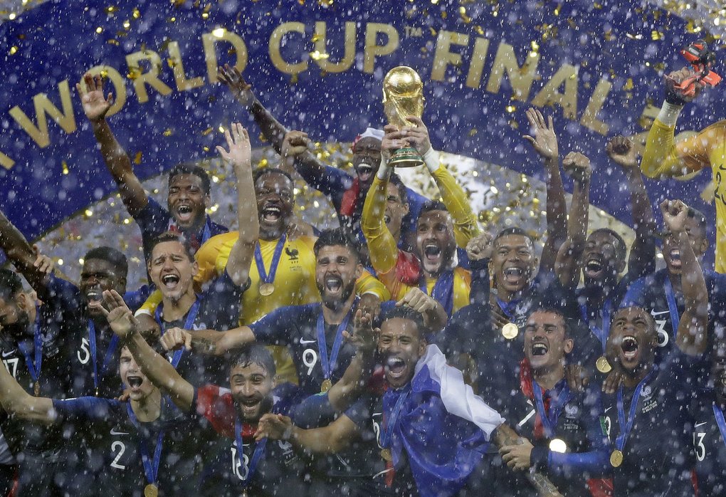 France goalkeeper Hugo Lloris holds the trophy aloft after the final match between France and Croatia at the 2018 soccer World Cup in the Luzhniki Stadium in Moscow Russia Sunday