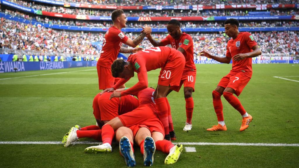 England celebrating their first goal