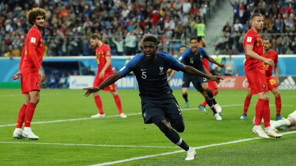 France's Samuel Umtiti celebrates his goal against Belgium