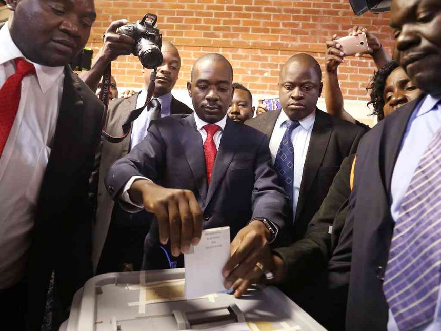 Zimbabwean oppostion Movement for Democratic Change leader Nelson Chamisa casts his ballot in the country's general elections in Harare Zimbabwe