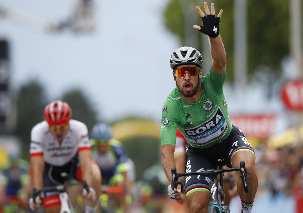 Peter Sagan of Slovakia celebrates as he crosses the finish line to win the 13th stage of the Tour de France