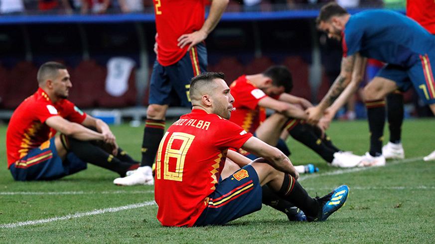 Spain players look dejected after they were eliminated from the World Cup in Russia