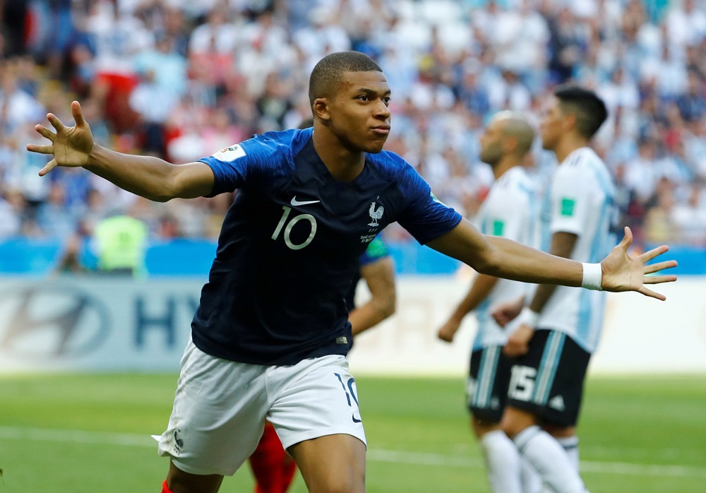 France’s Kylian Mbappe celebrates scoring their third goal against Argentina at the Kazan Arena in Russia