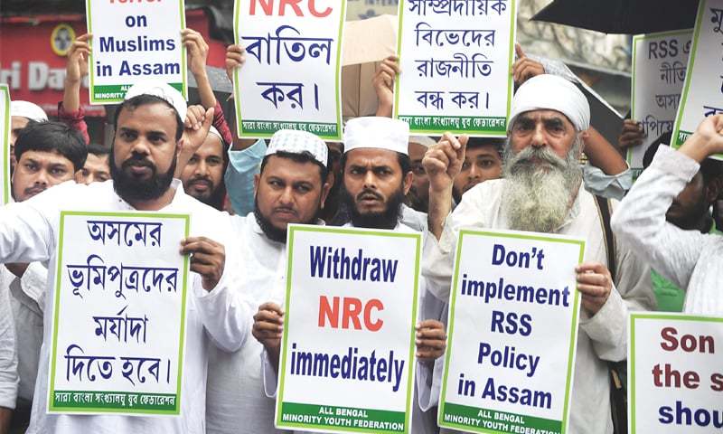 Kolkata Activists of the Minority Youth Federation shout slogans against the Bharatiya Janata Party-led central and Assam governments during a rally on Tuesday following the publication of the first draft of the National Register of Citizens.—AF