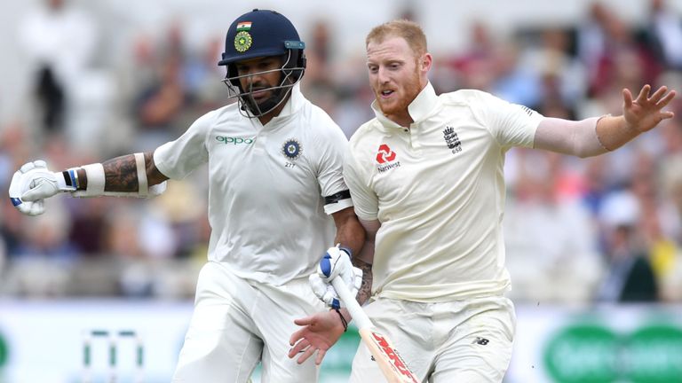 Shikhar Dhawan and Ben Stokes collide on day one of the third Test at Trent Bridge