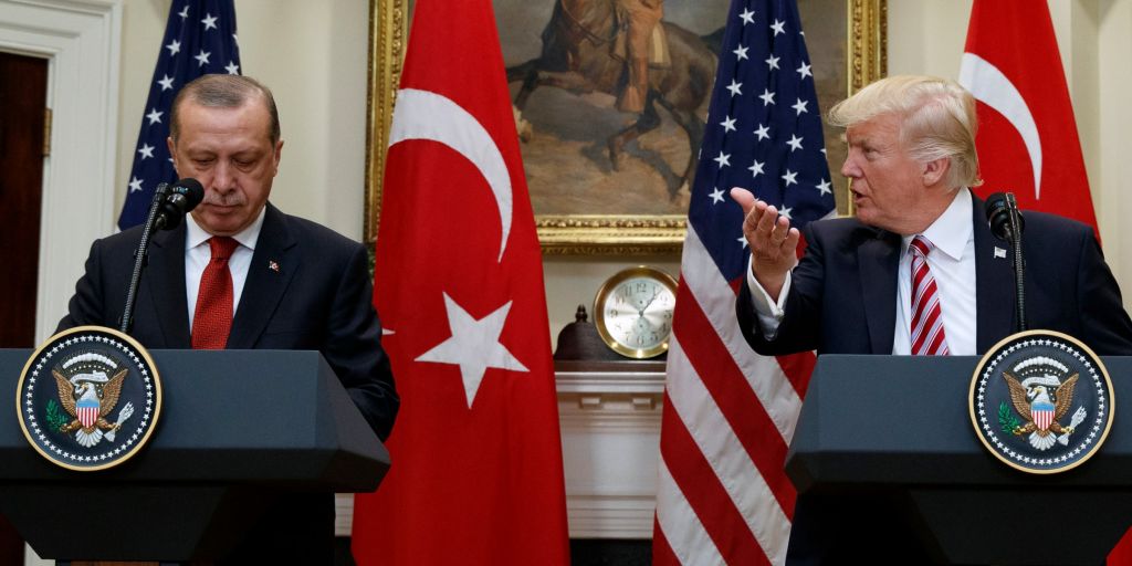 US President Donald Trump with Turkish President Recep Tayyip Erdogan in the Roosevelt Room of the White House