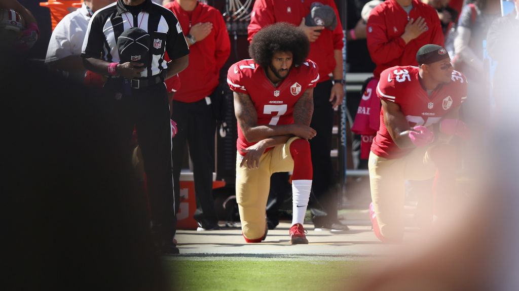 Colin Kaepernick kneels for the national anthem at Levi's Stadium in Santa Clara Calif. on Oct. 23 2016