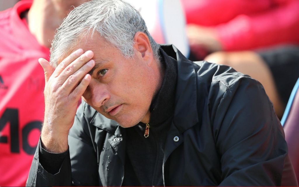 A dejected Man Utd manager Jose Mourinho during the Premier League match between West Ham United and Manchester United at London Stadium