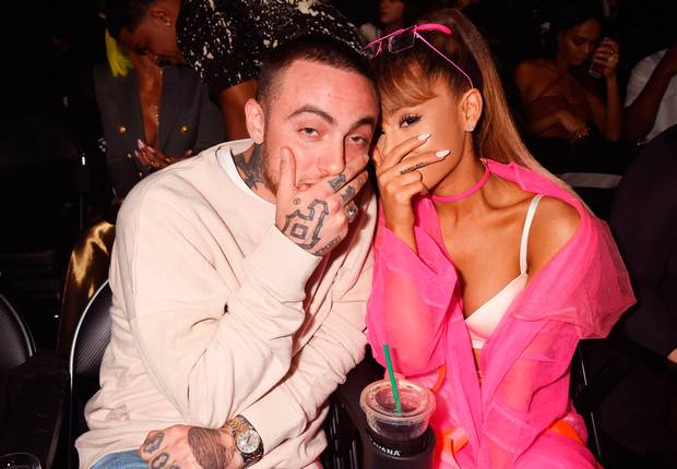 Rapper Mac Miller and singer Ariana Grande pose backstage during the 2016 MTV Video Music Awards at Madison Square Garden